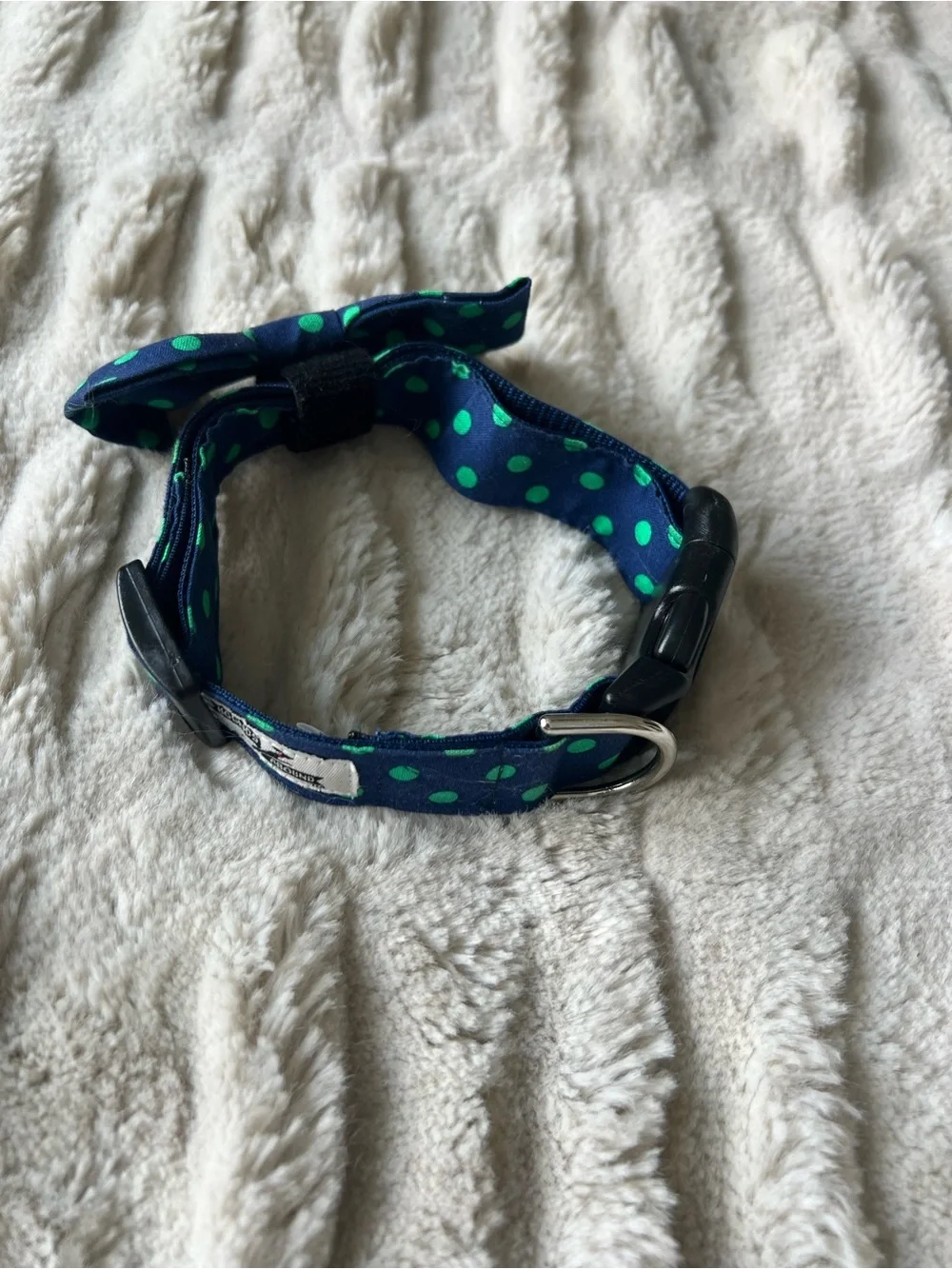 Navy Blue Polka Dot Bow Tie Dog Collar - Green Dots